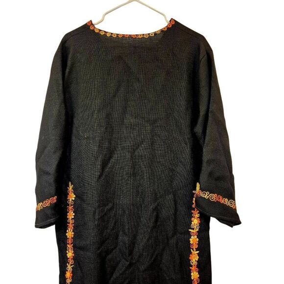 Caftan, Black w Gold & Orange Embroidery Cotton/Poly Textured Tunic Dress NEW w - Picture 11 of 12